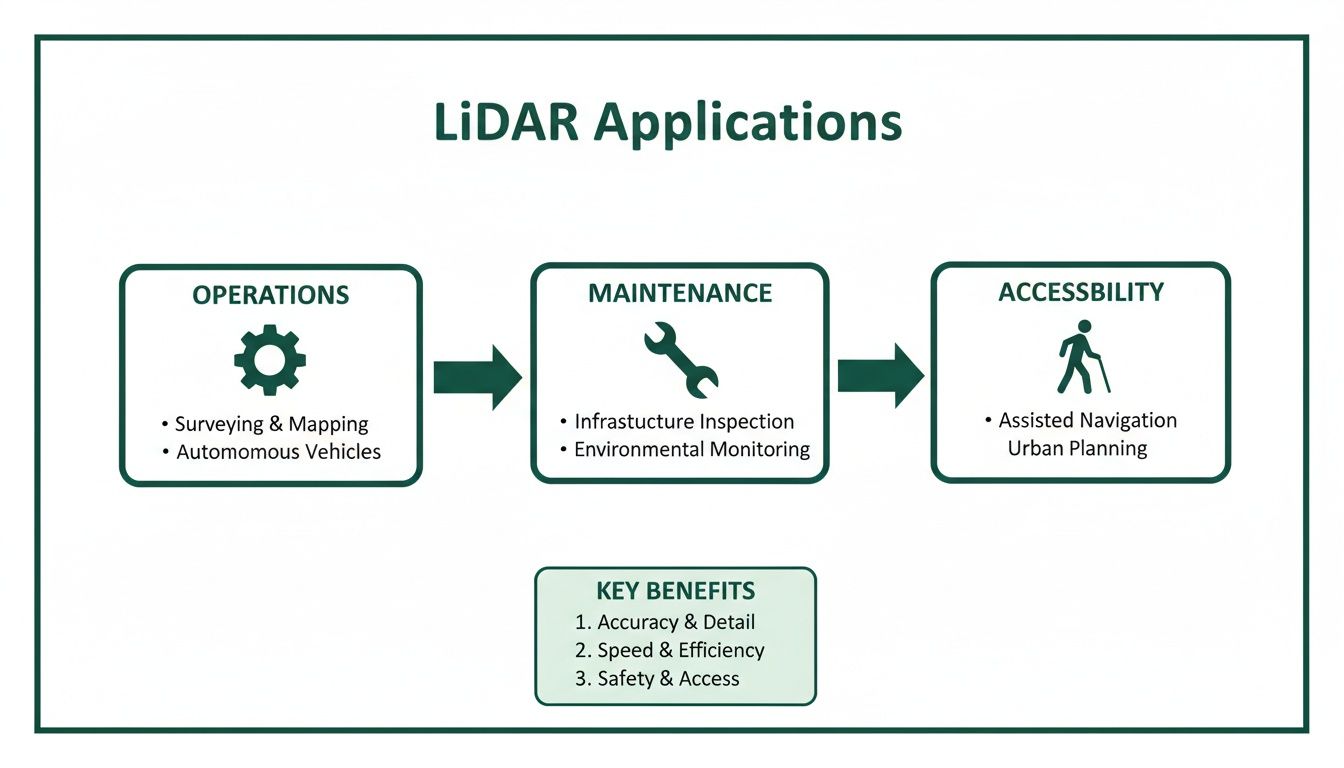 Diagram illustrating LiDAR applications across operations, maintenance, and accessibility, with key benefits listed.