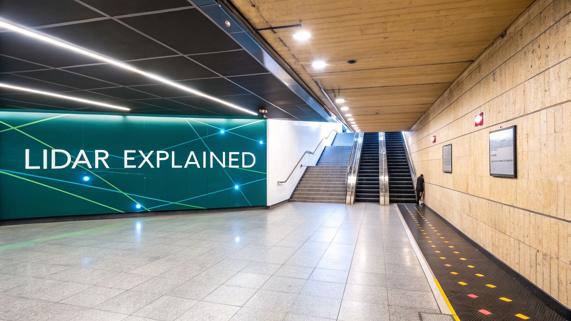 A bright, modern underground passage featuring a 'LIDAR EXPLAINED' sign, escalators, and stairs.