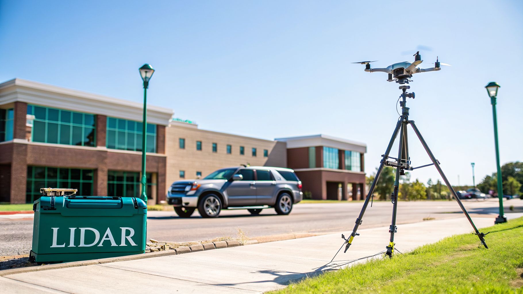 A drone on a tripod and a LIDAR box on a sidewalk, with a car and buildings.