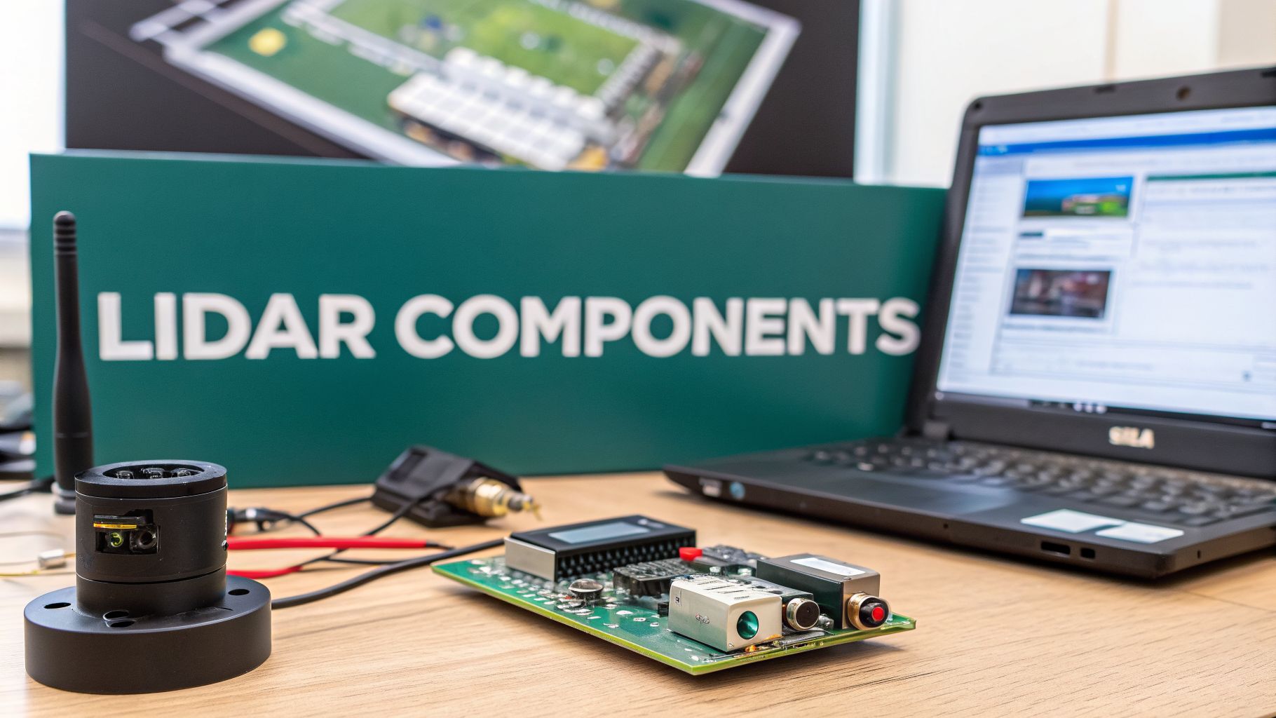 A green 'LIDAR COMPONENTS' sign behind various electronic components, circuit board, and a laptop on a desk.