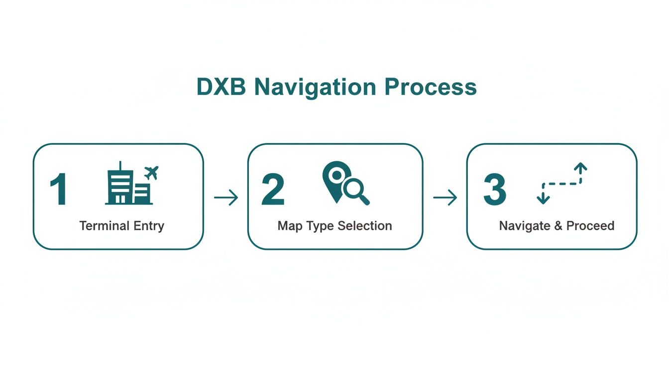 A three-step process diagram illustrating DXB navigation: Terminal Entry, Map Type Selection, and Navigate & Proceed.