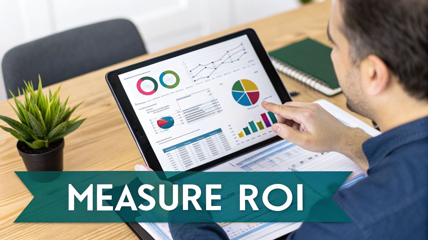 Person analyzing business data and measuring ROI on a tablet, displaying charts and graphs.