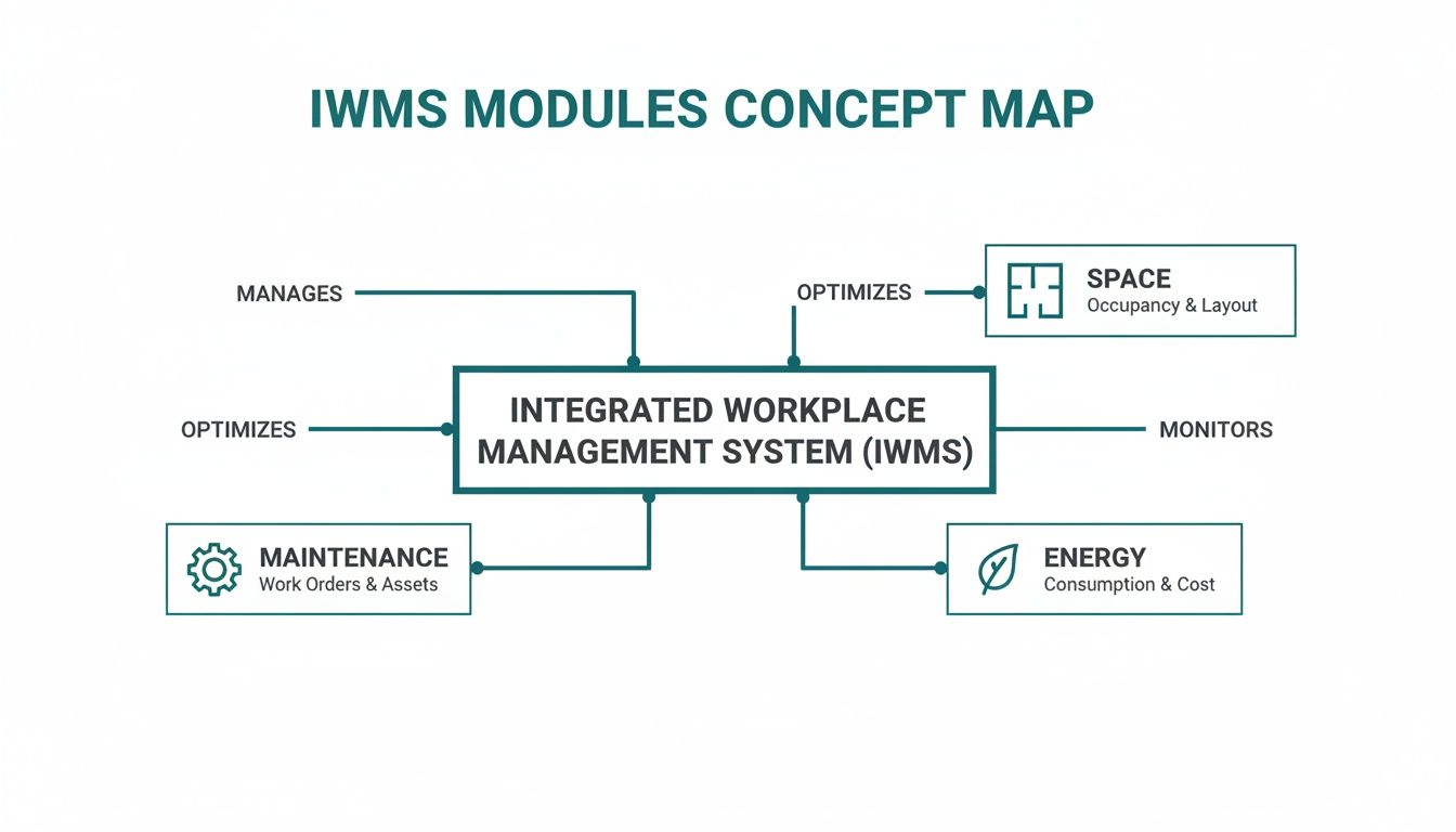 Concept map illustrating how an Integrated Workplace Management System (IWMS) optimizes space, manages maintenance, and monitors energy.