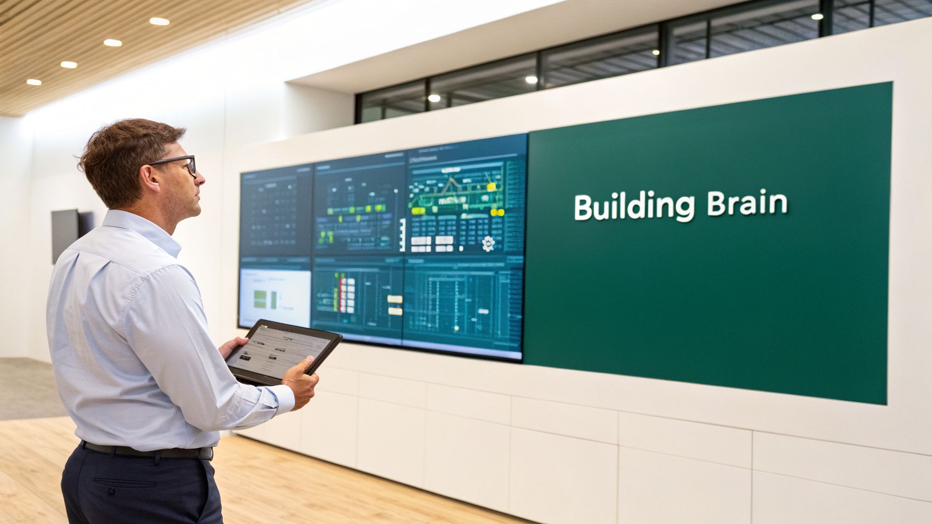 A man holds a tablet, looking at a large wall display with data and "Building Brain" text.