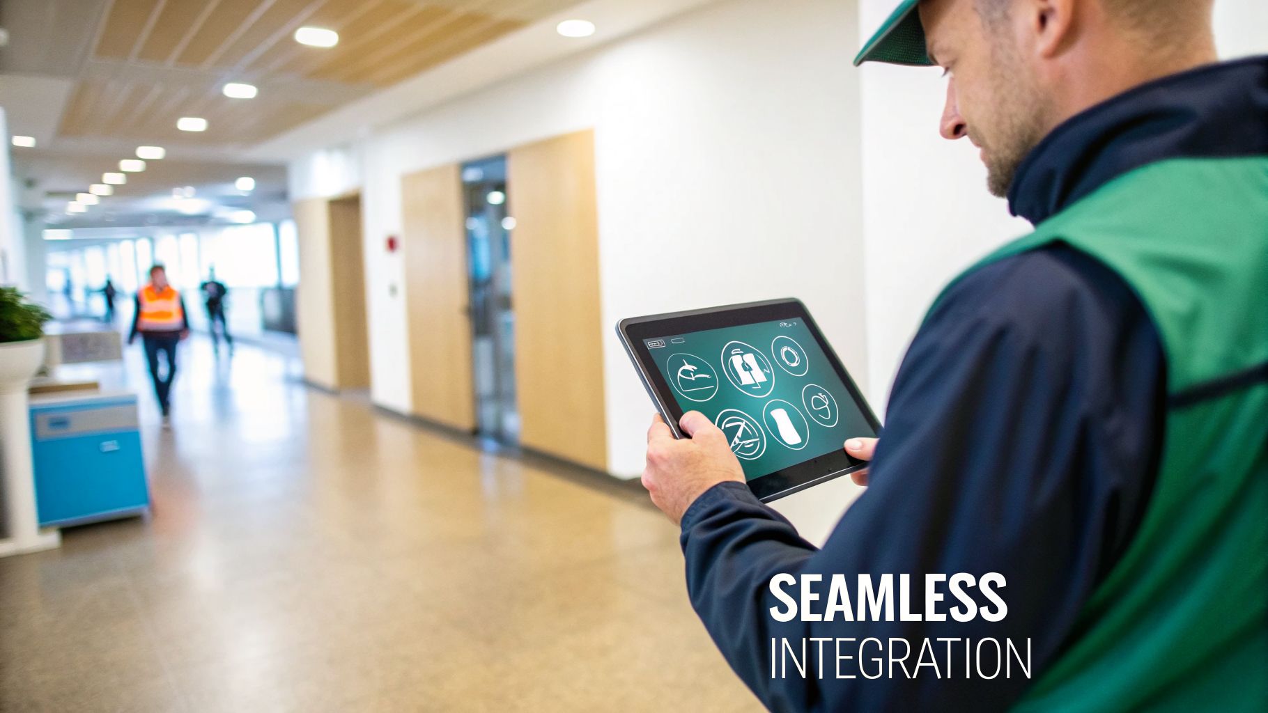 A person in a uniform uses a tablet showing digital management icons in a modern building hallway.
