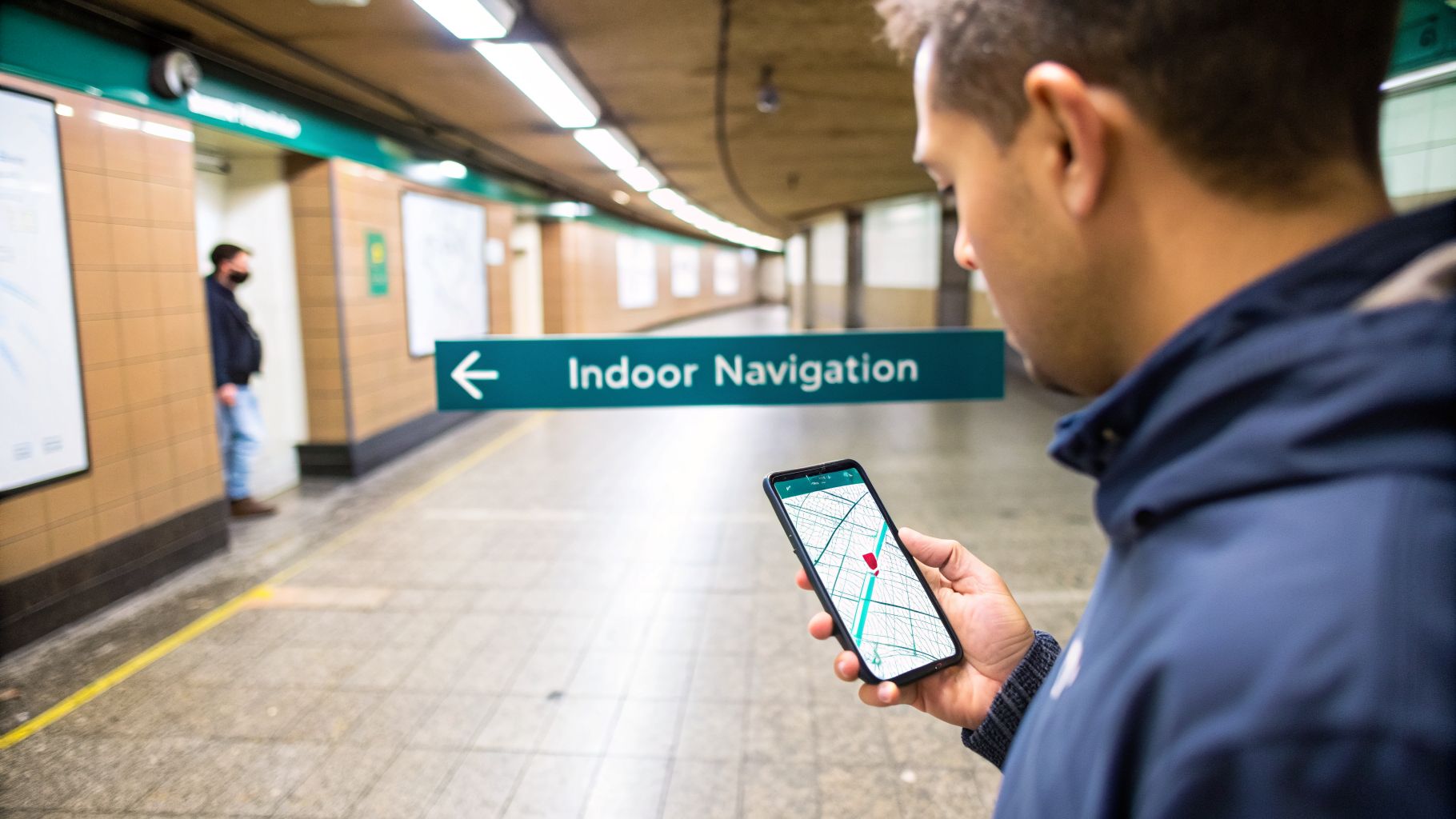 A person in a subway tunnel uses a smartphone displaying an indoor navigation map.