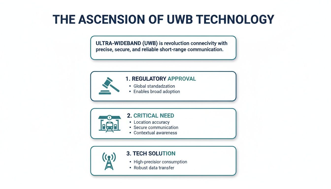 An infographic explaining the ascension of UWB technology, highlighting regulatory approval, critical needs, and tech solutions.