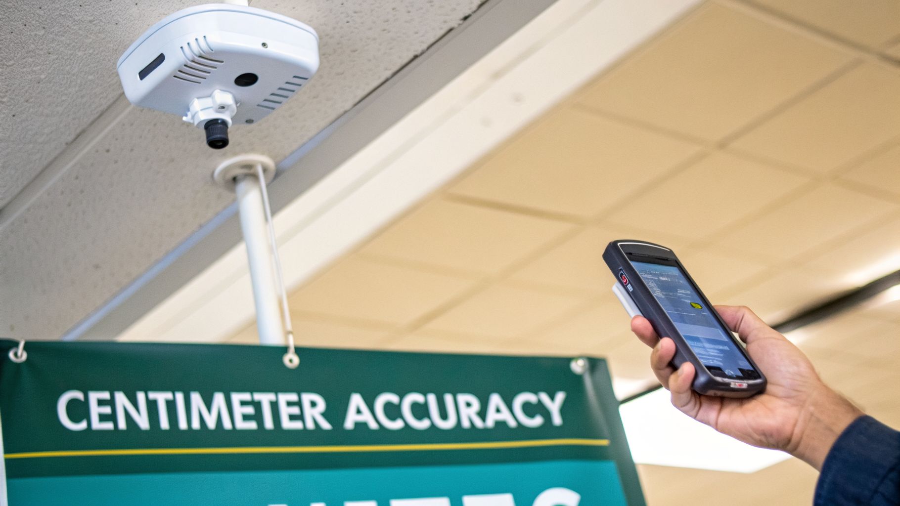 Ceiling-mounted sensor, a hand holding a smartphone, and a banner promoting 'Centimeter Accuracy'.