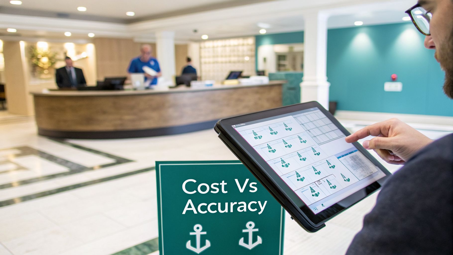 A person's hand interacts with a tablet displaying data and charts, in a hotel lobby setting.