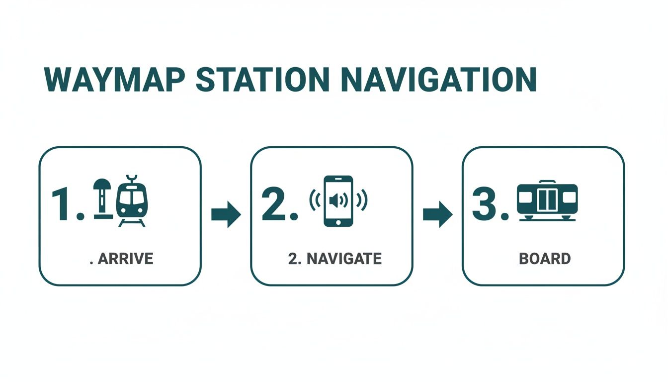 Three-step infographic on Waymap station navigation: arrive, navigate using a smartphone, and board a train.
