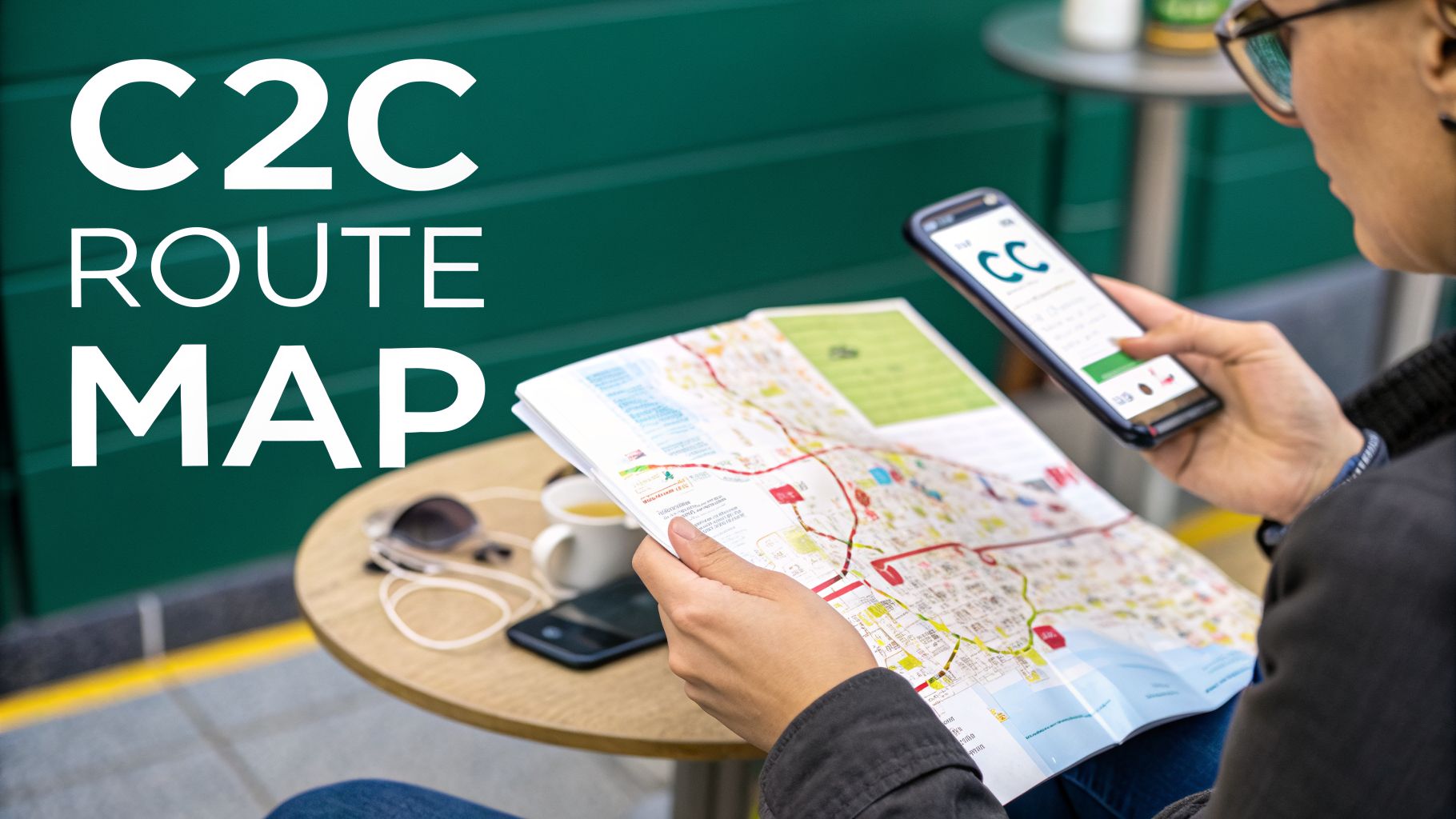 A person holds a C2C route map, looking at it and a smartphone app.