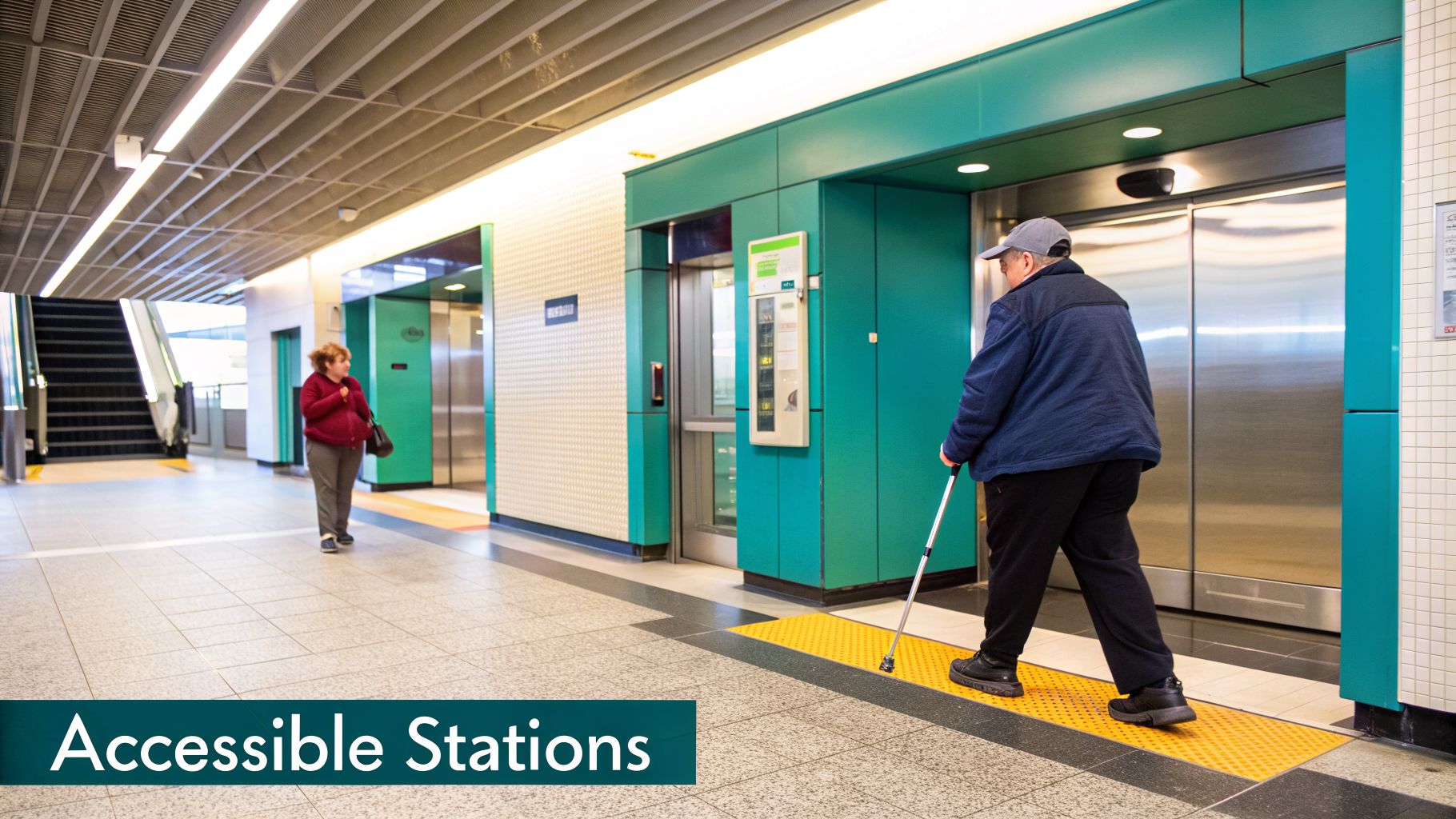 A man using a white cane walks towards an elevator in a modern, accessible station.