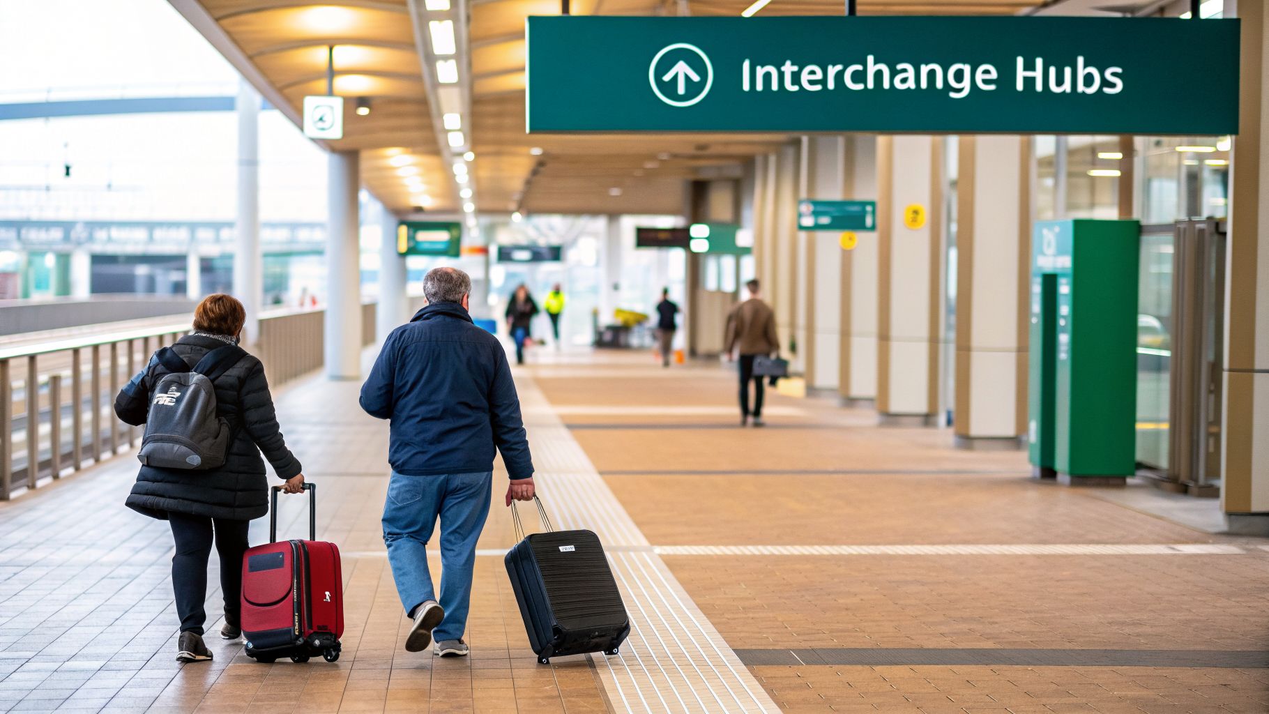Two travelers pulling roller suitcases walk through a modern airport or train station terminal.