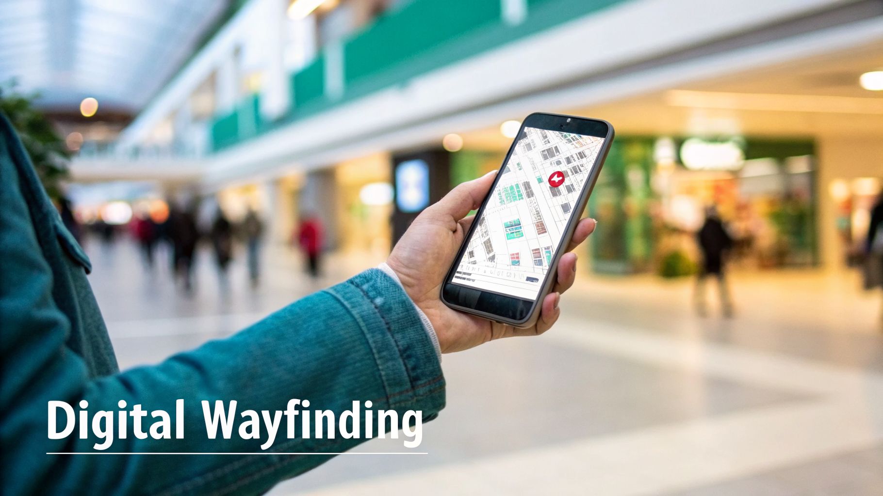 A person uses a digital map on a smartphone for wayfinding in a bustling shopping mall.