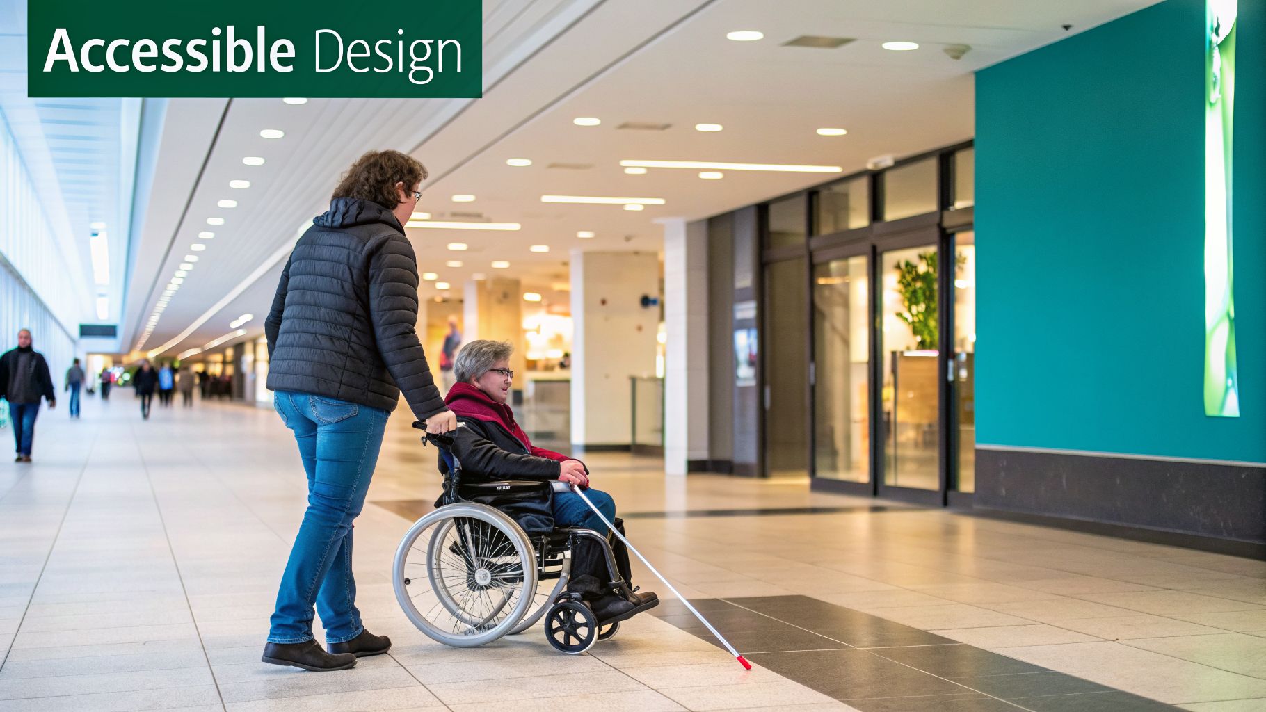 A person pushes another in a wheelchair, who holds a white cane, illustrating accessible design in a mall.