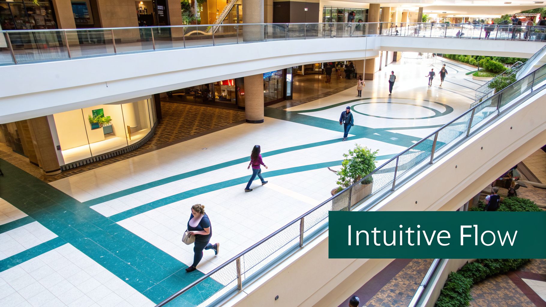 Overhead view of a modern shopping mall interior with people walking on the patterned floor.
