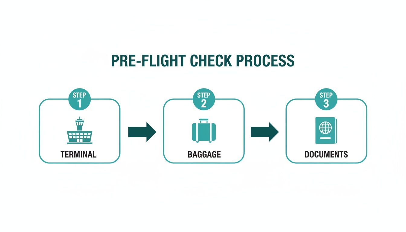 A diagram illustrating the three steps of a pre-flight check process: terminal, baggage, and documents.