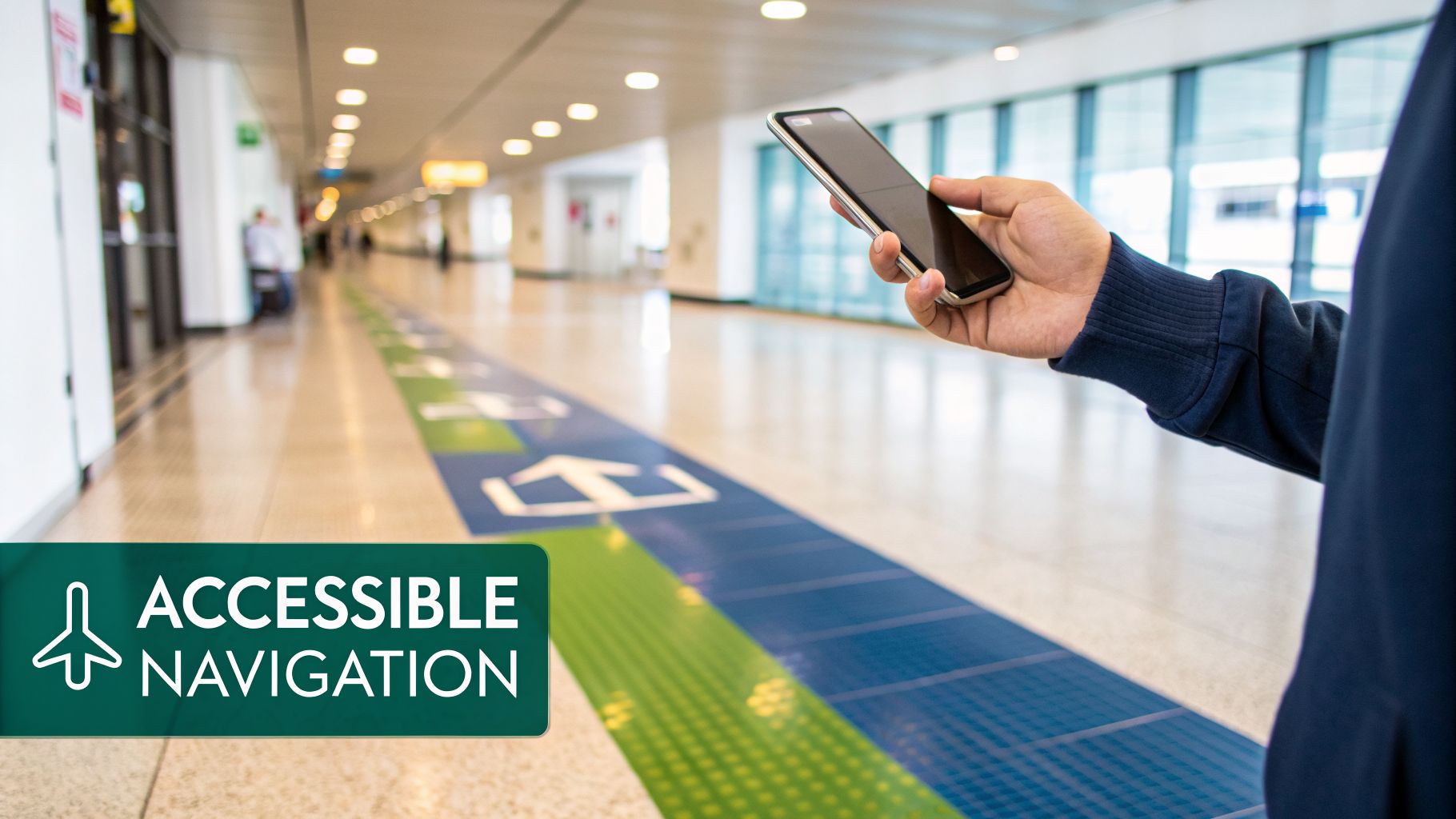 Person uses a smartphone for accessible navigation on a marked path inside an airport terminal.