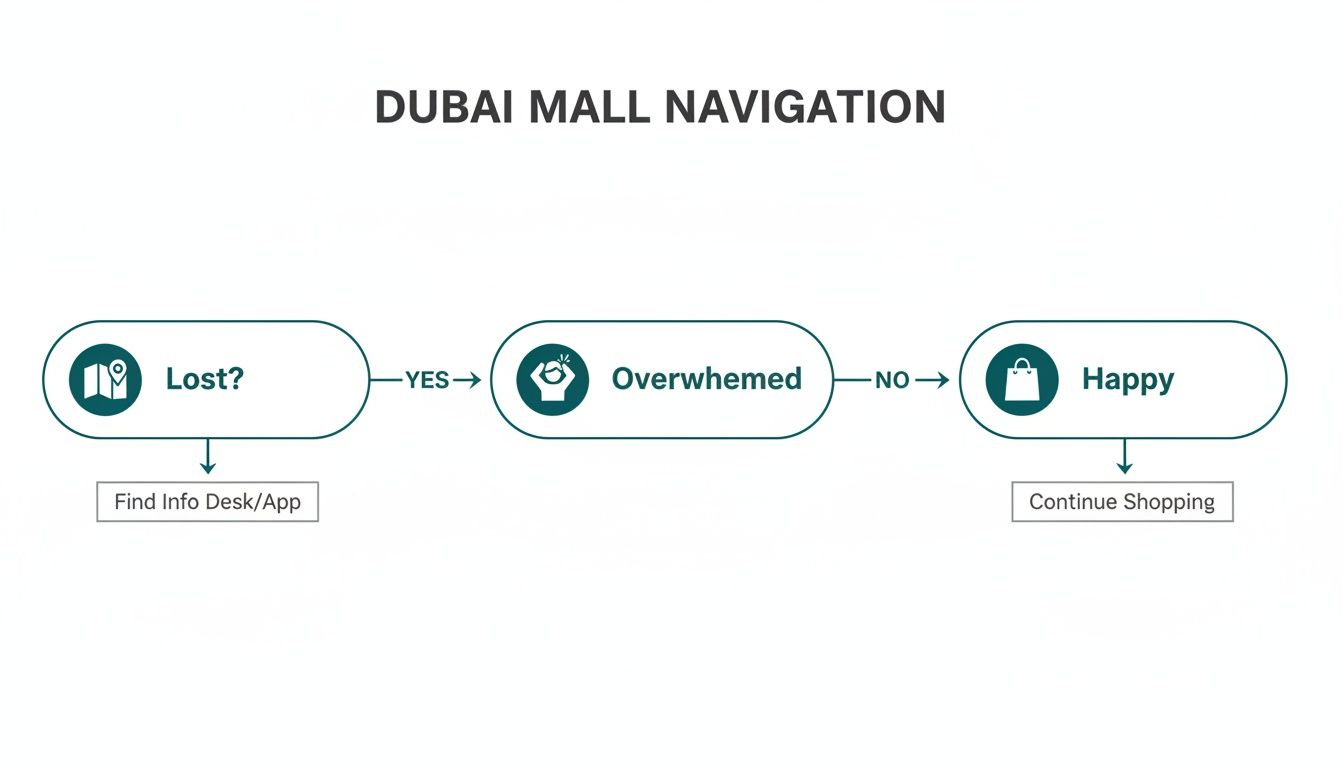A flowchart for Dubai Mall navigation, depicting decisions from 'Lost?' to 'Find Info Desk/App' or 'Happy' to 'Continue Shopping'.