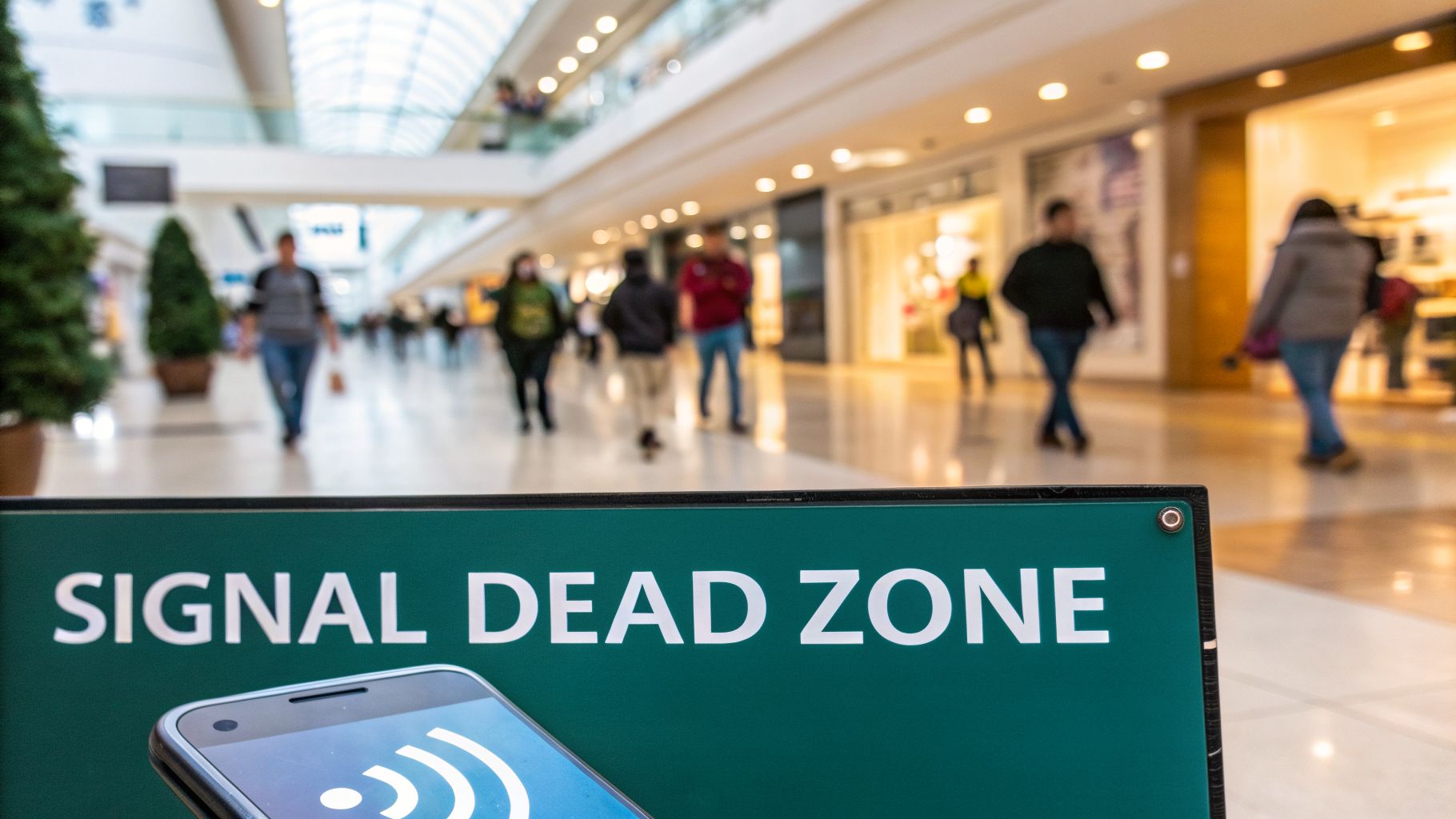 A 'SIGNAL DEAD ZONE' sign and a smartphone with a signal icon in a bustling shopping mall.