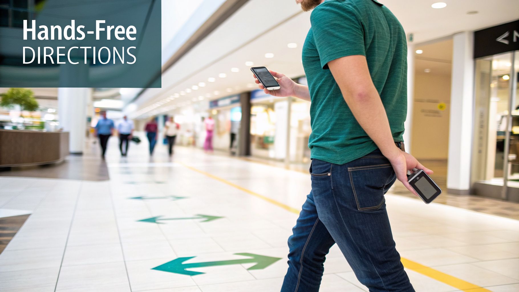 A man navigates a bright mall holding two smartphones, with floor arrows for hands-free directions.