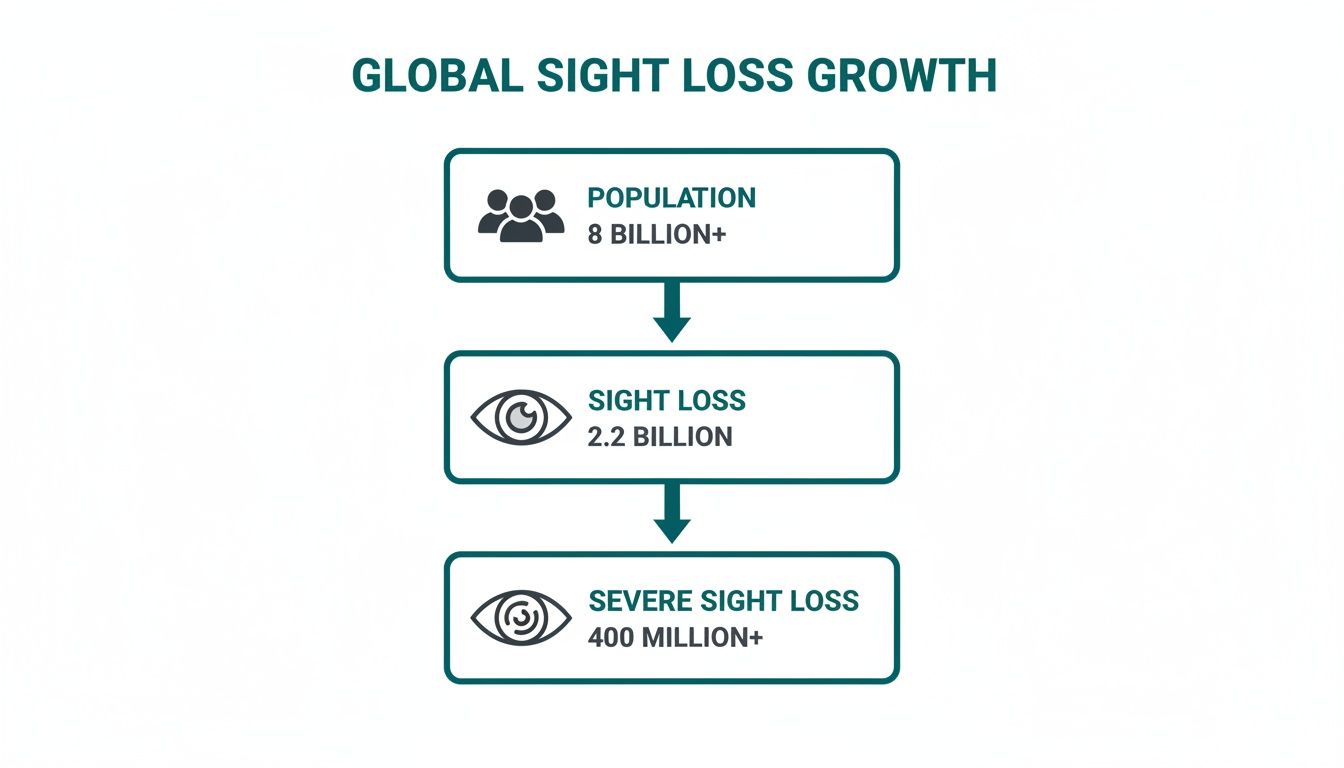 Flowchart showing global sight loss: 8 billion+ population, 2.2 billion with sight loss, 400 million+ with severe sight loss.