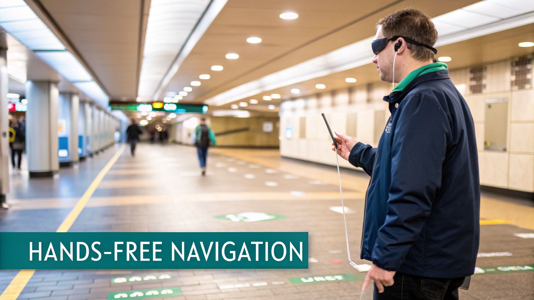 A blindfolded man with headphones and a smartphone uses a white cane for hands-free navigation in a subway station.