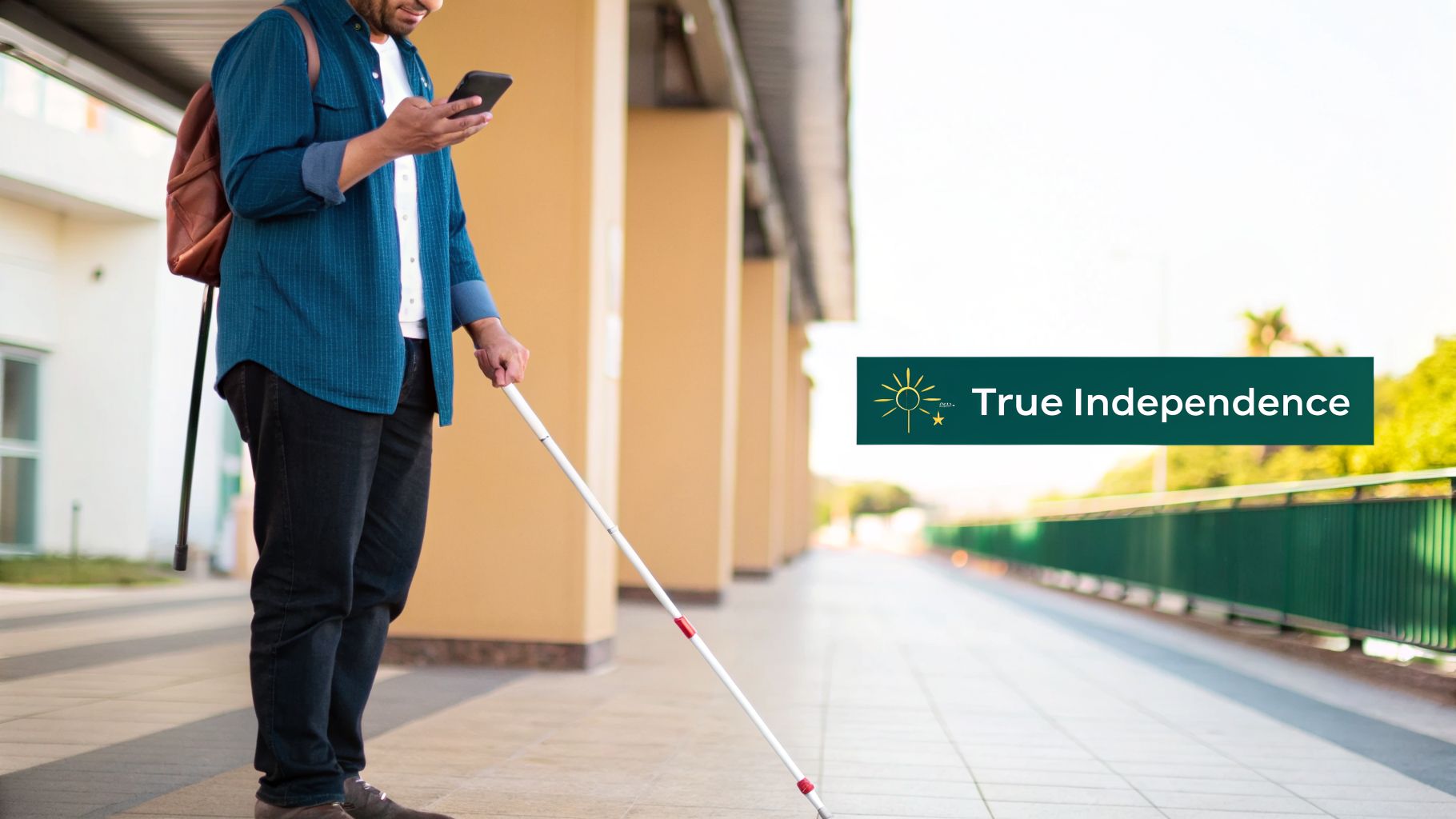 A man with a visual impairment navigates with a white cane and phone on a sunny day.