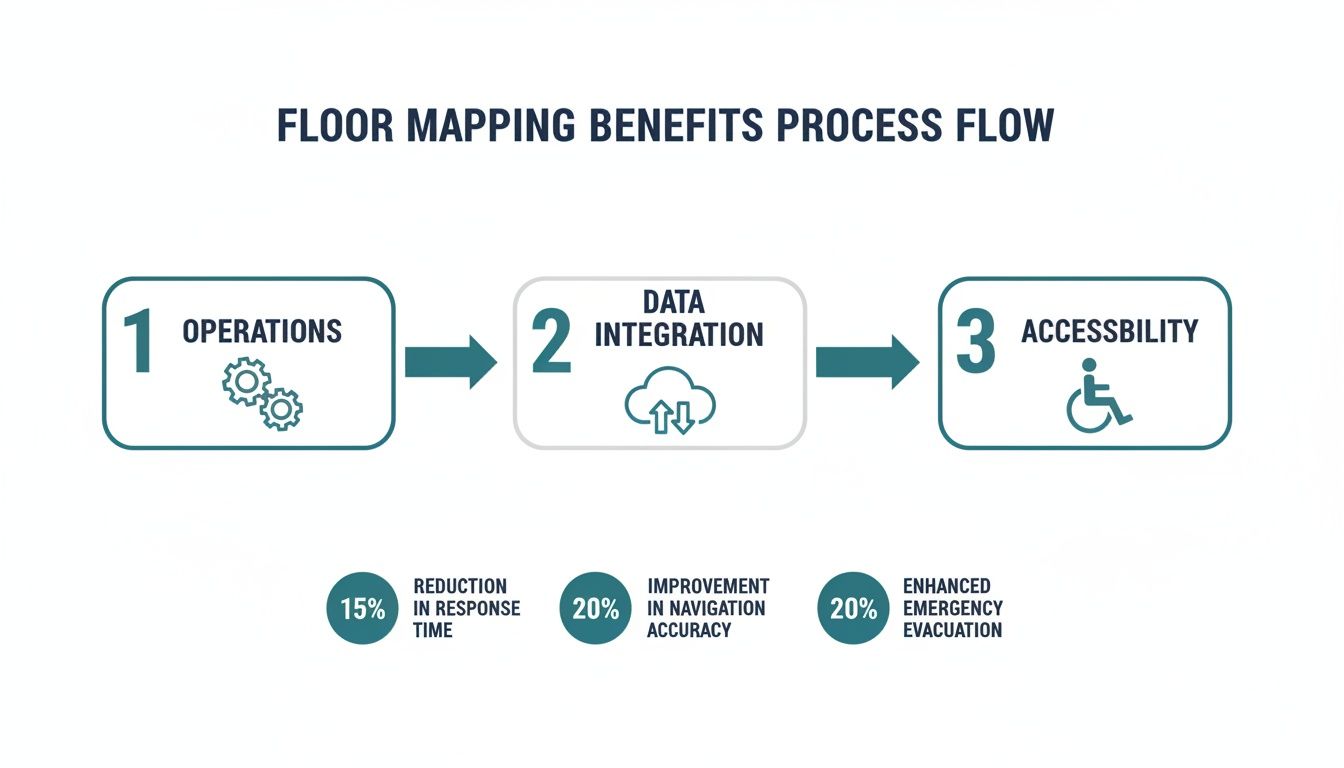 Process flow illustrating floor mapping benefits: operations, data integration, accessibility, and improved emergency response.