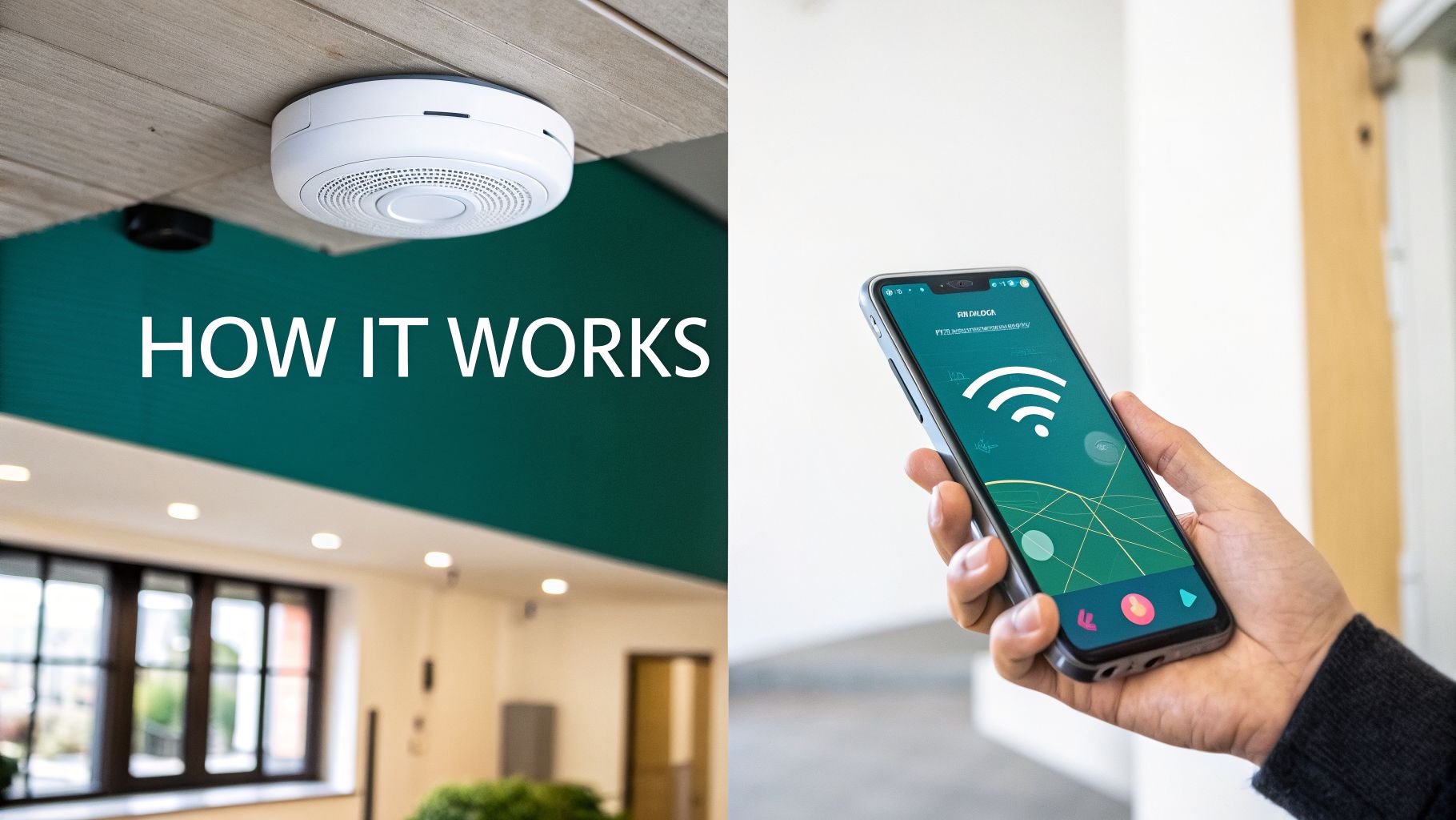 A smart smoke detector on a ceiling next to a hand holding a smartphone with a Wi-Fi app.