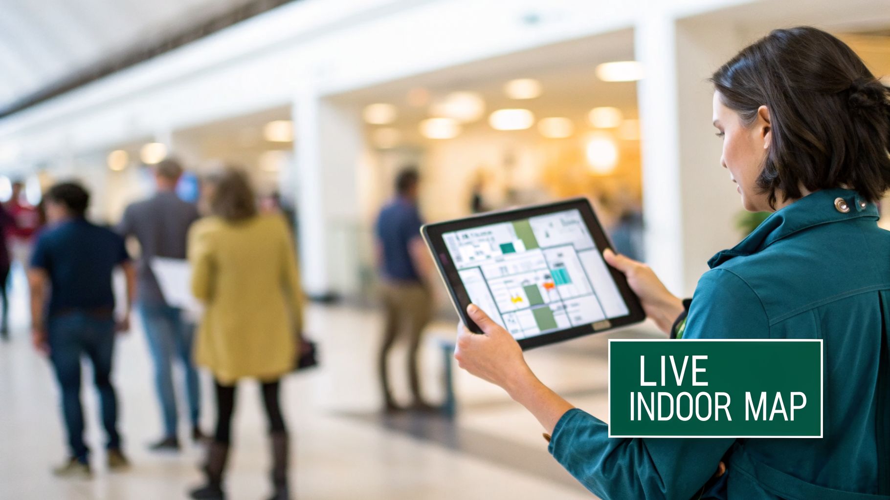 A woman views a live indoor map on a tablet in a busy public building, demonstrating smart navigation.
