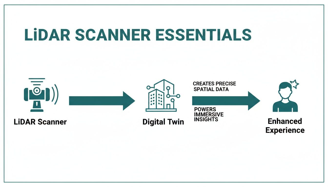 Flow diagram illustrating LiDAR Scanner data creating a Digital Twin for precise spatial insights and an enhanced experience.