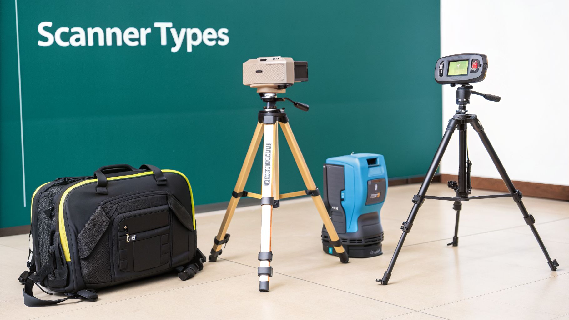 Various lidar 3D scanners and equipment, including two on tripods, displayed indoors next to a carrying bag.