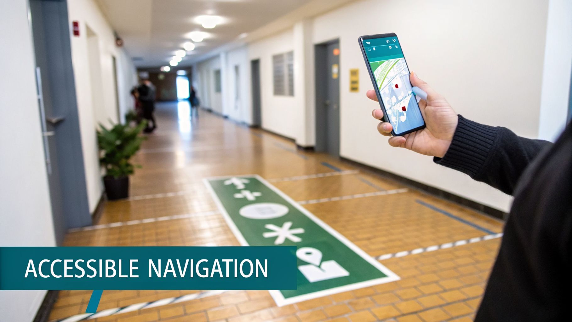 A person holds a smartphone showing a navigation app in a hallway with accessible floor markers.