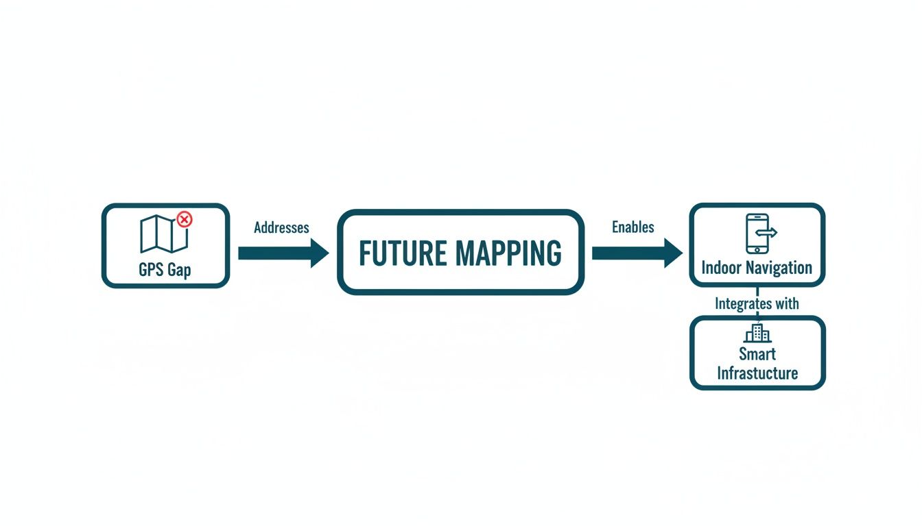 Flowchart illustrating how Future Mapping addresses GPS gaps to enable indoor navigation and smart infrastructure.