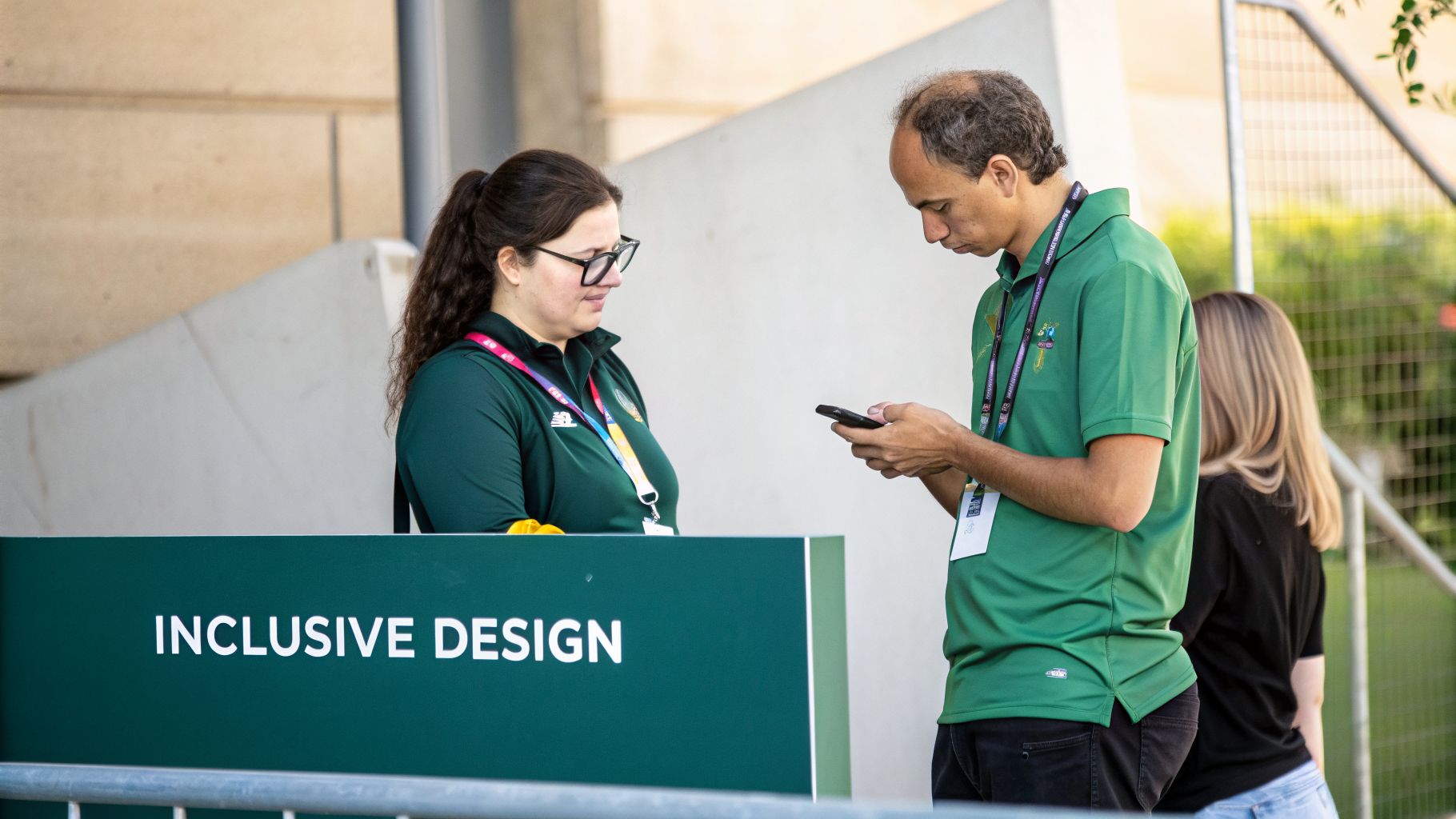 Two event staff members in green shirts, one looking at a phone, next to an 'Inclusive Design' sign.