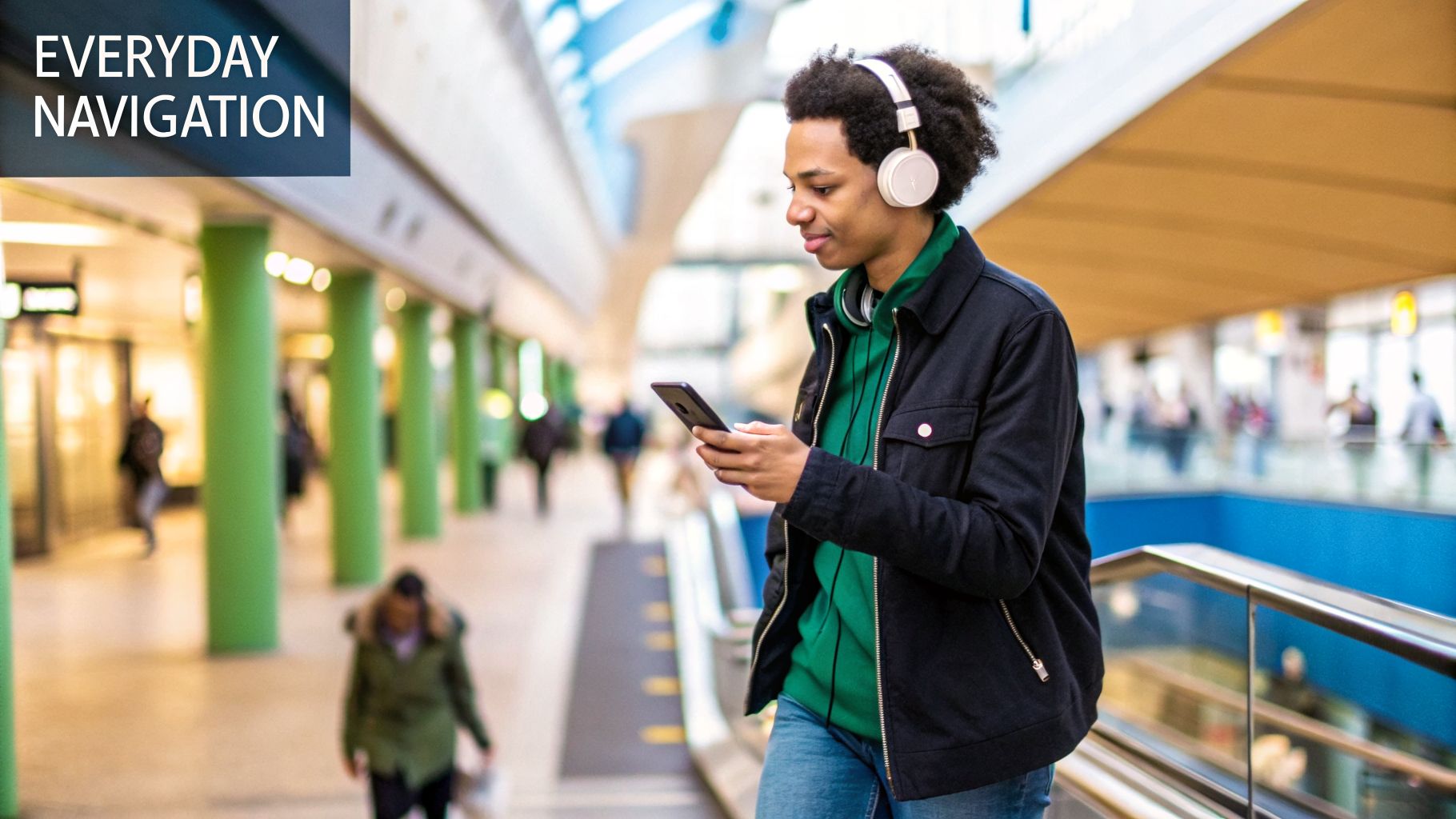A young Black man with headphones navigates his smartphone in a busy transit station.