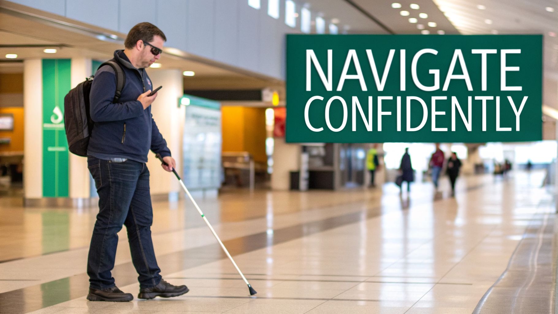 A visually impaired man with a white cane and phone confidently navigates an airport concourse.