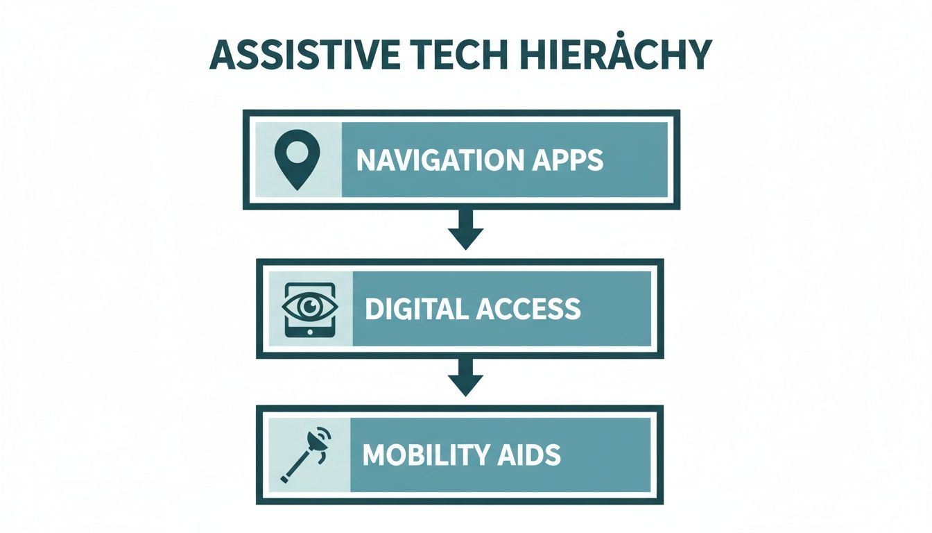 An infographic detailing the assistive technology hierarchy: Navigation Apps, Digital Access, and Mobility Aids.
