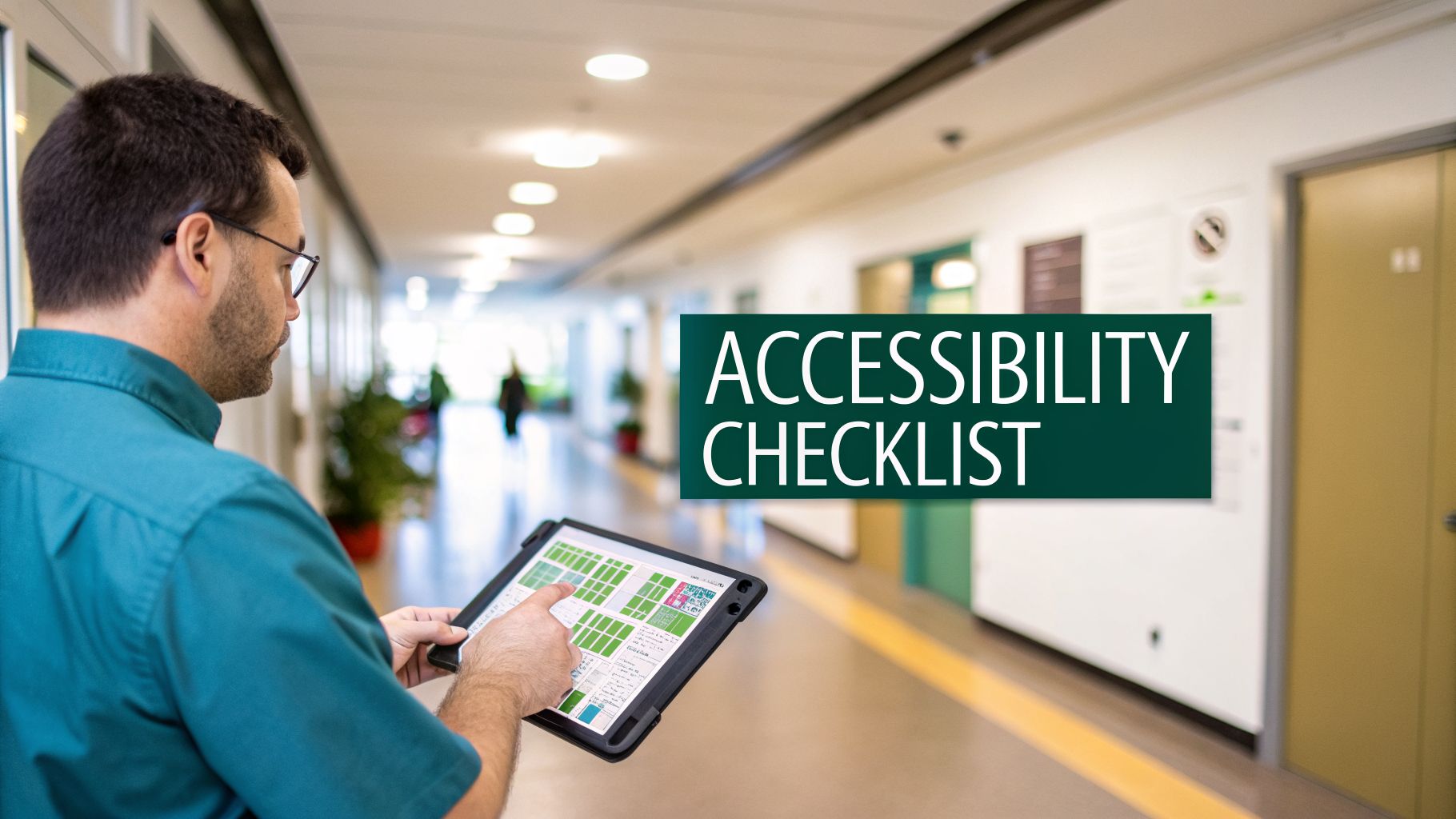 A man in a hallway uses a tablet displaying an 'Accessibility Checklist' and floor plan.