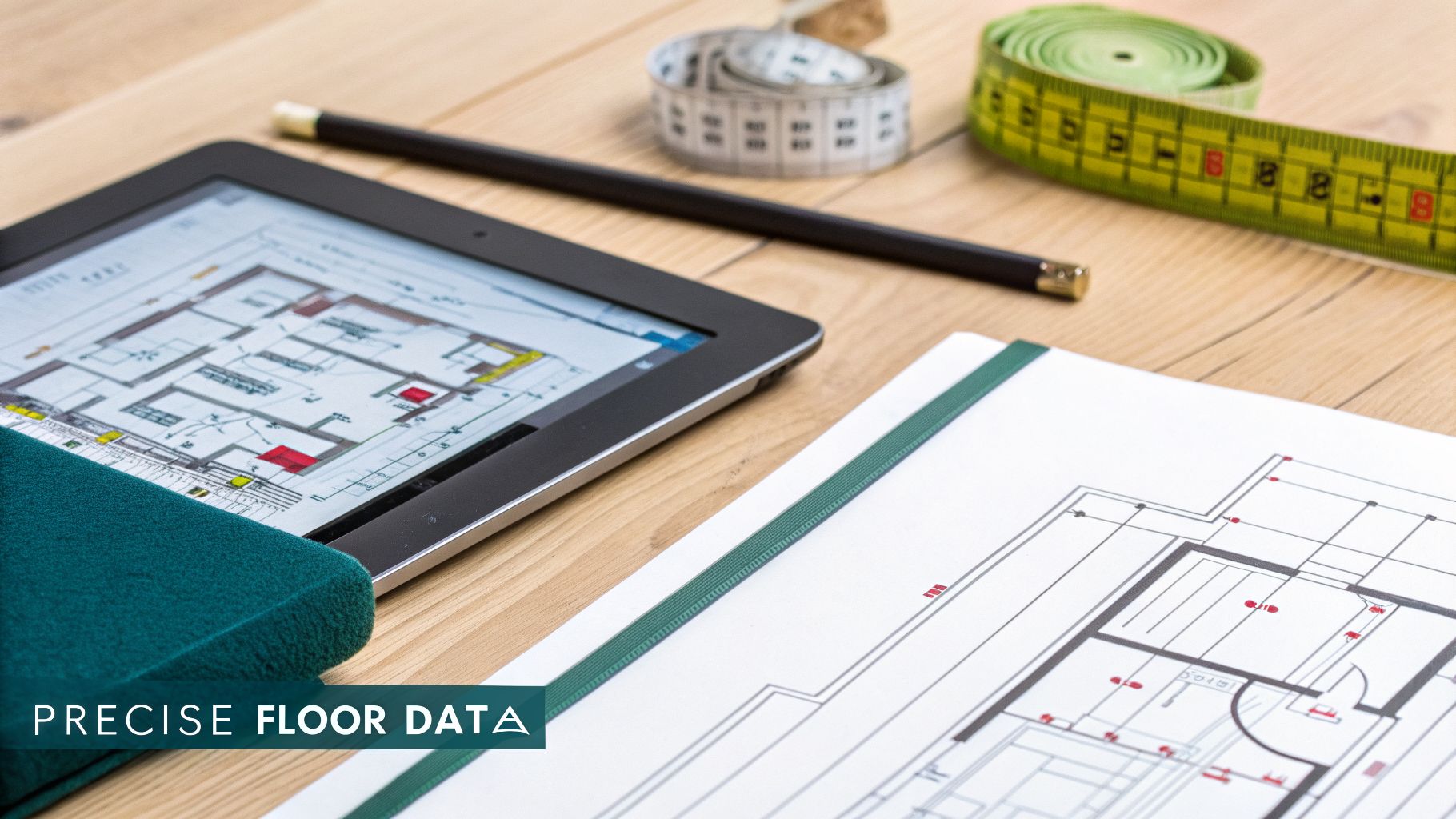 Close-up of a tablet and paper showing detailed floor plans with measuring tools on a wooden desk.