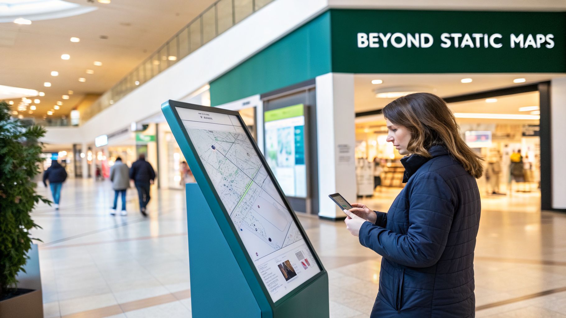 A woman uses her smartphone next to a digital interactive map display in a modern shopping mall.