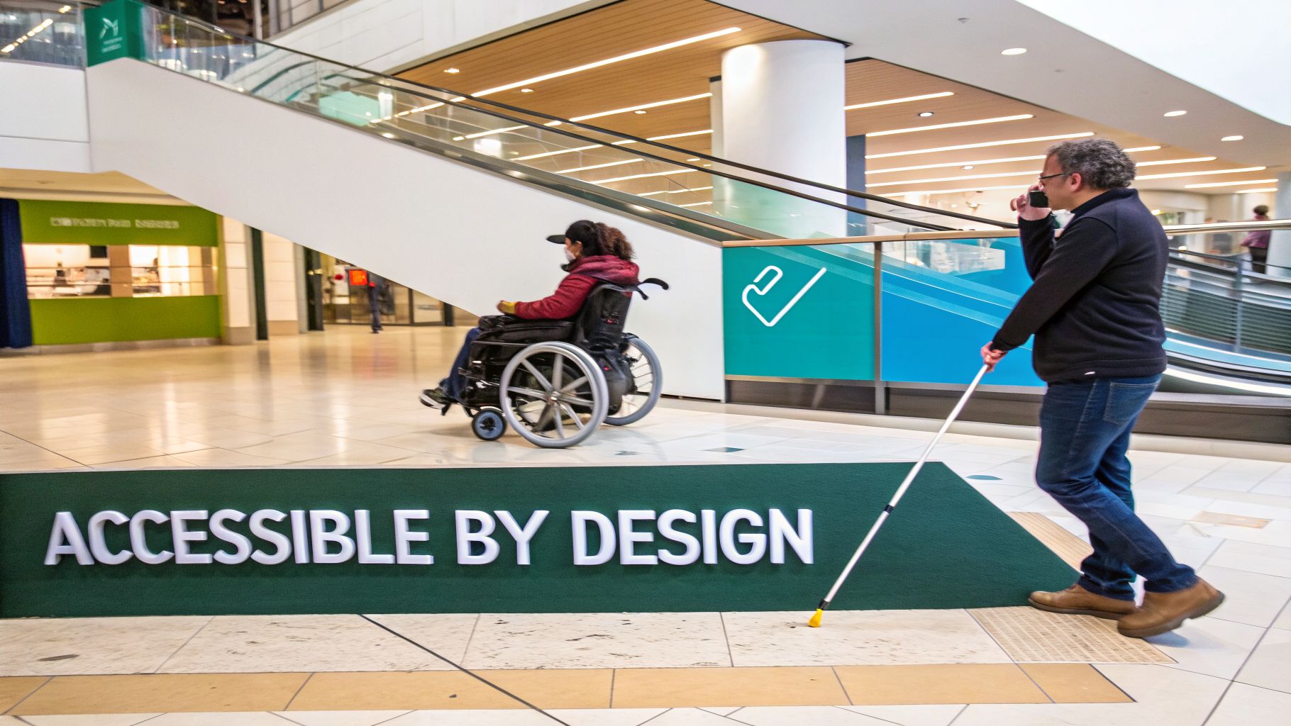 A wheelchair user and a visually impaired person in an accessible mall, near an 'ACCESSIBLE BY DESIGN' sign.