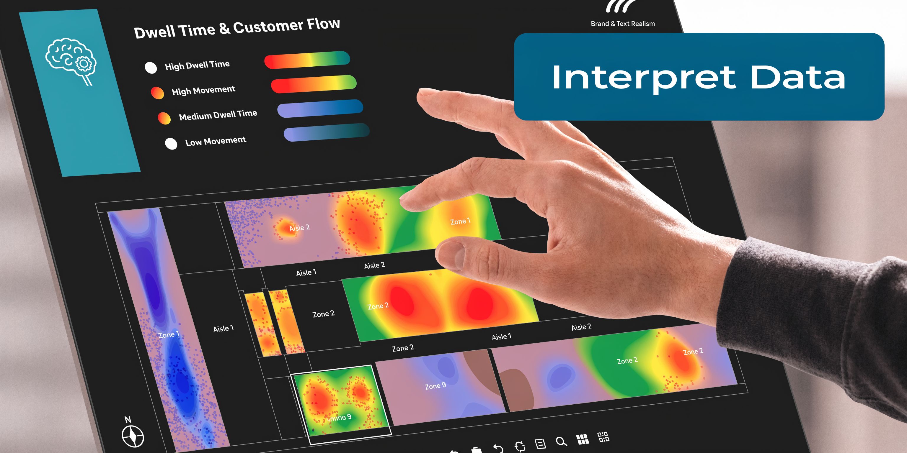 A hand interacting with a digital touch screen displaying a retail store heatmap of customer footfall data.