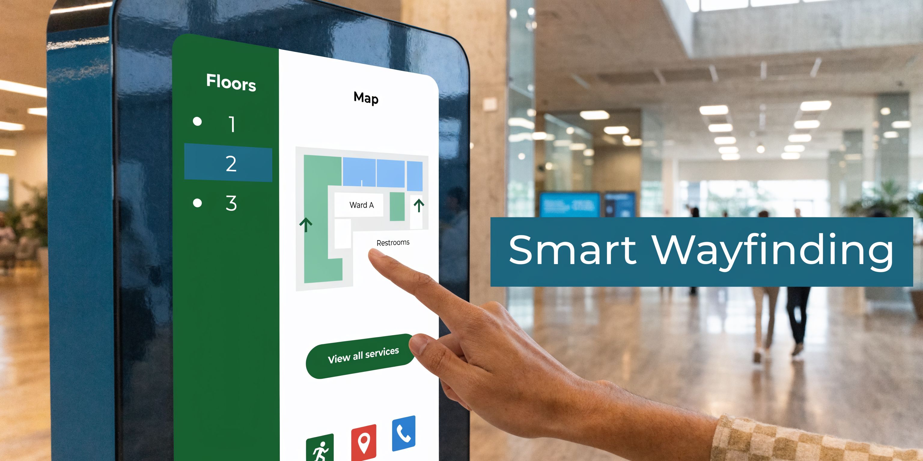 A person using an interactive digital kiosk display for wayfinding in a modern hospital lobby setting.