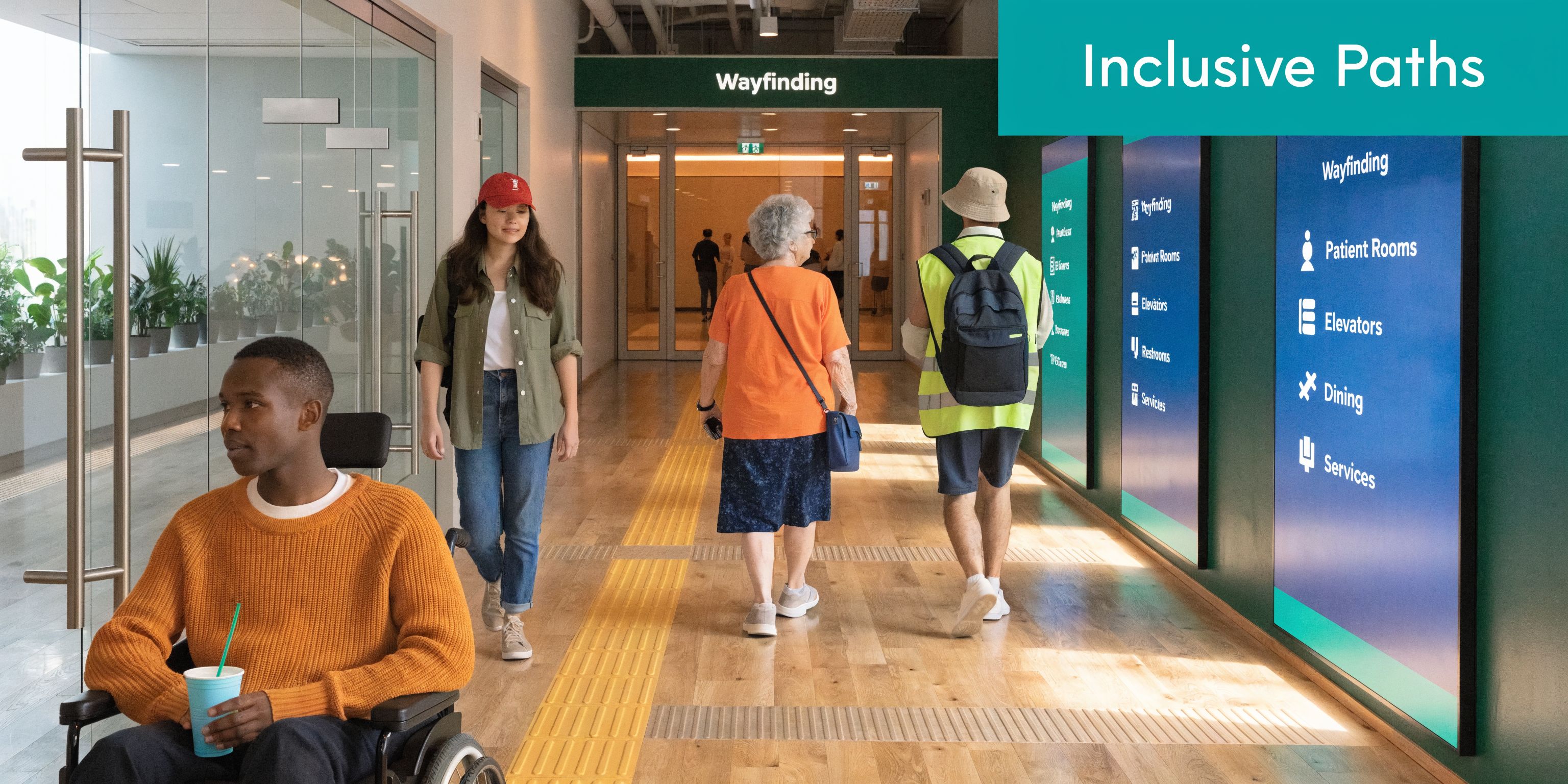 Diverse people walk through a modern, accessible hospital hallway with clear wayfinding signage and tactile flooring.