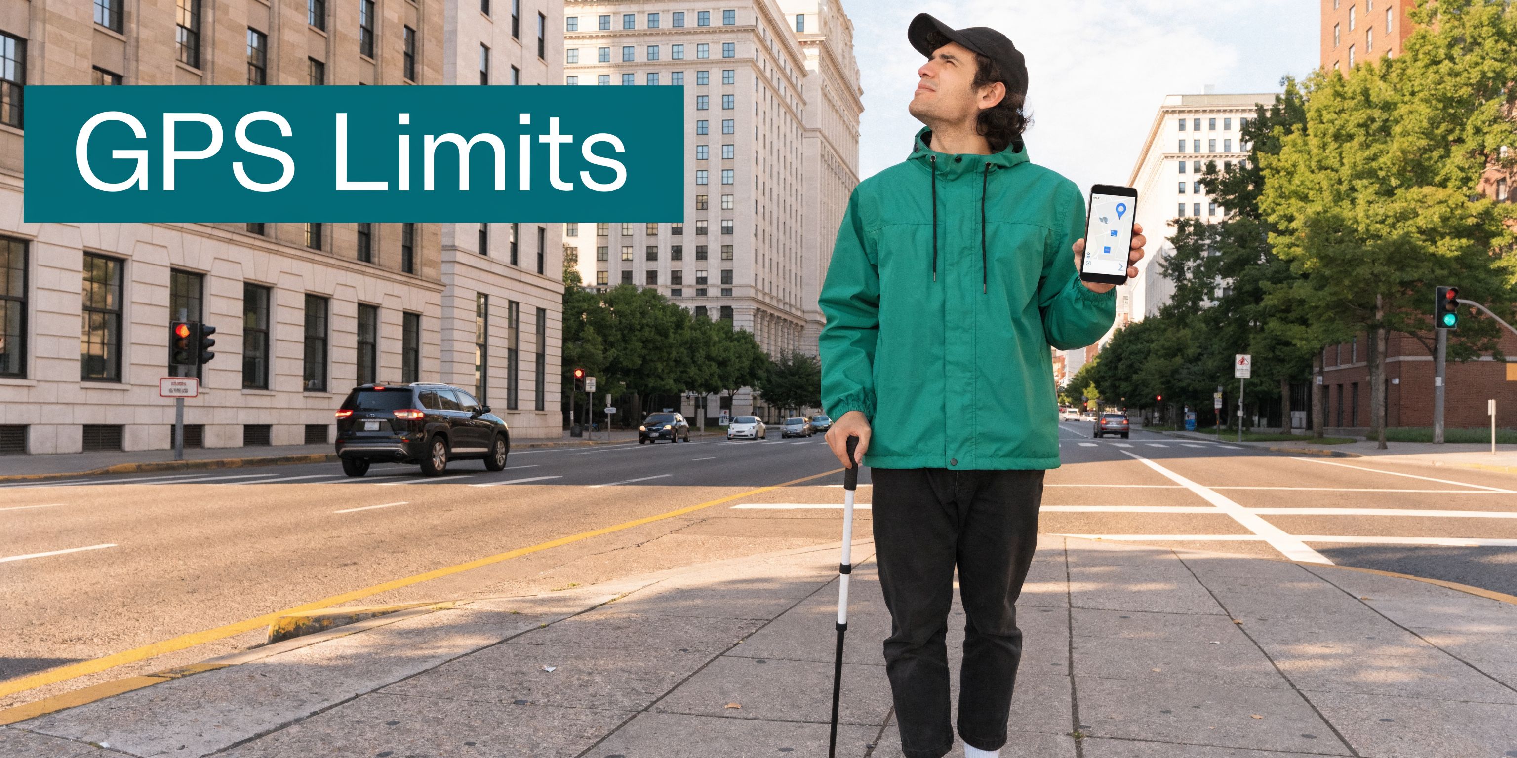 A visually impaired man in a green jacket uses a smartphone and cane while navigating a city.