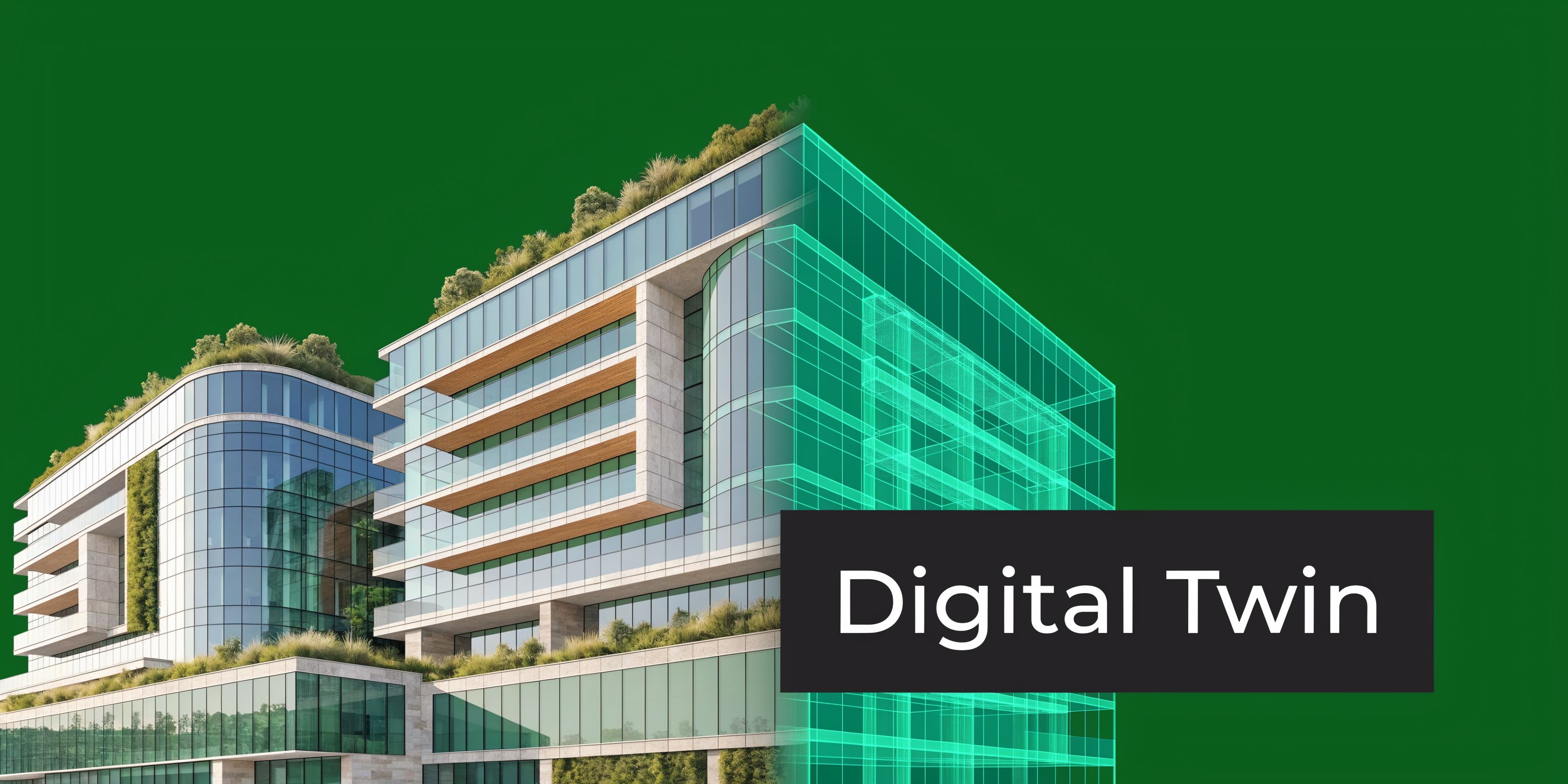 A modern glass building seamlessly transitioning from a photorealistic architectural design into a digital wireframe construction model.