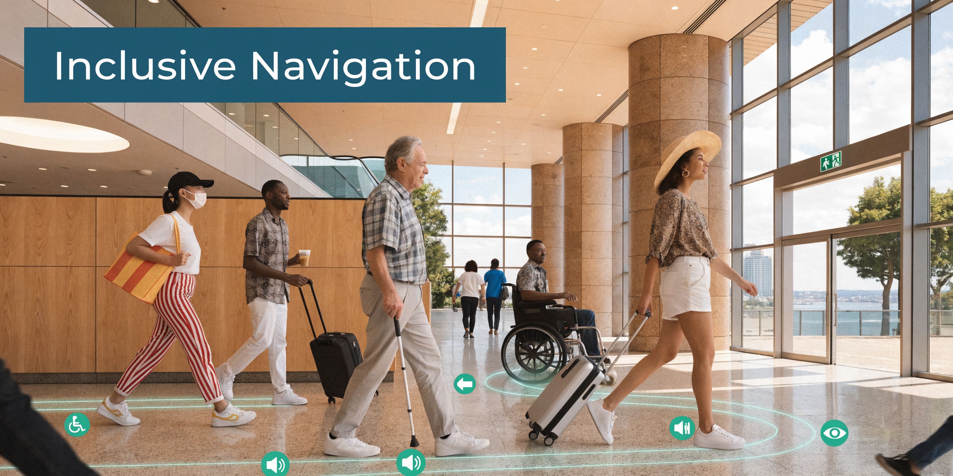 Diverse group of people navigating a modern airport terminal using accessible digital wayfinding assistance technology.