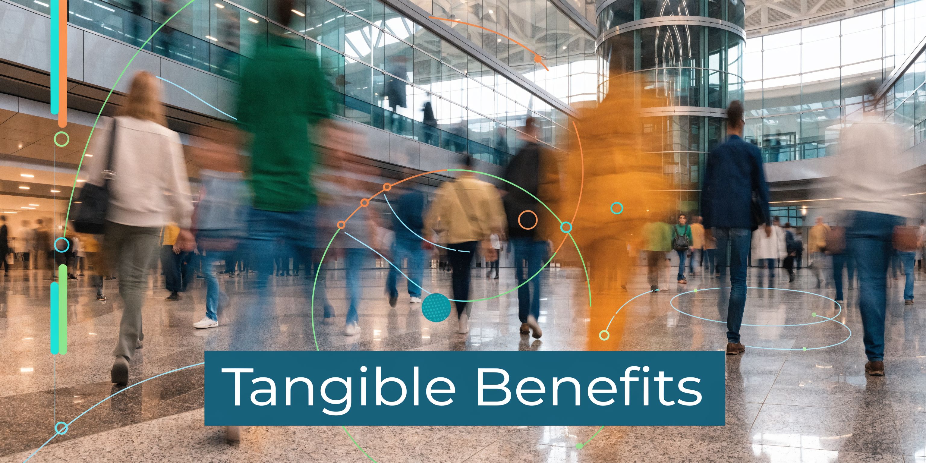 A motion-blurred crowd of people walking through a modern glass office atrium with a graphic overlay.